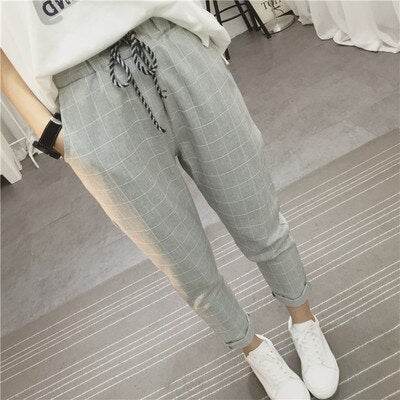 Women's Pants 2019 New Summer Casual Loose Harem Pants Cotton Linen Plaid Capris Grid Spring Literary Trousers Sarouel Femme