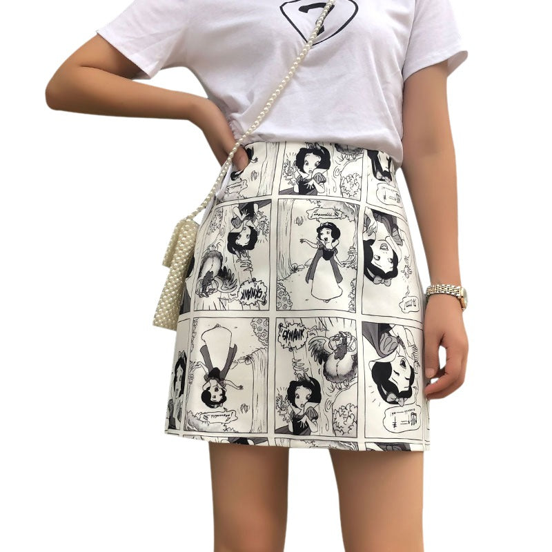 Korean Style Skirts Retro Comic Print High Waist Wild A Line Skirt Fashion Women Bag Hip Mini Skirt