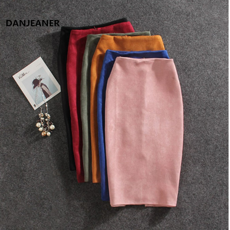 Danjeaner New Women Skirts Summer Plus Size Knee-Length Pencil Skirt Female Vintage Suede Split Skirts Jupe Femme Faldas Mujer