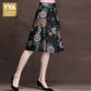 2020 Spring New Women Real Leather Flower Printing A-Line Skirts Mid Long Office Lady Genuine Leather Slim Pleated Skirts Female