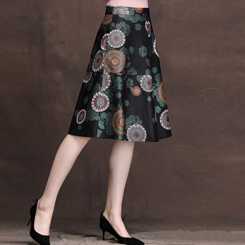 2020 Spring New Women Real Leather Flower Printing A-Line Skirts Mid Long Office Lady Genuine Leather Slim Pleated Skirts Female