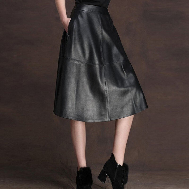 2020 Spring New Women Real Leather Flower Printing A-Line Skirts Mid Long Office Lady Genuine Leather Slim Pleated Skirts Female