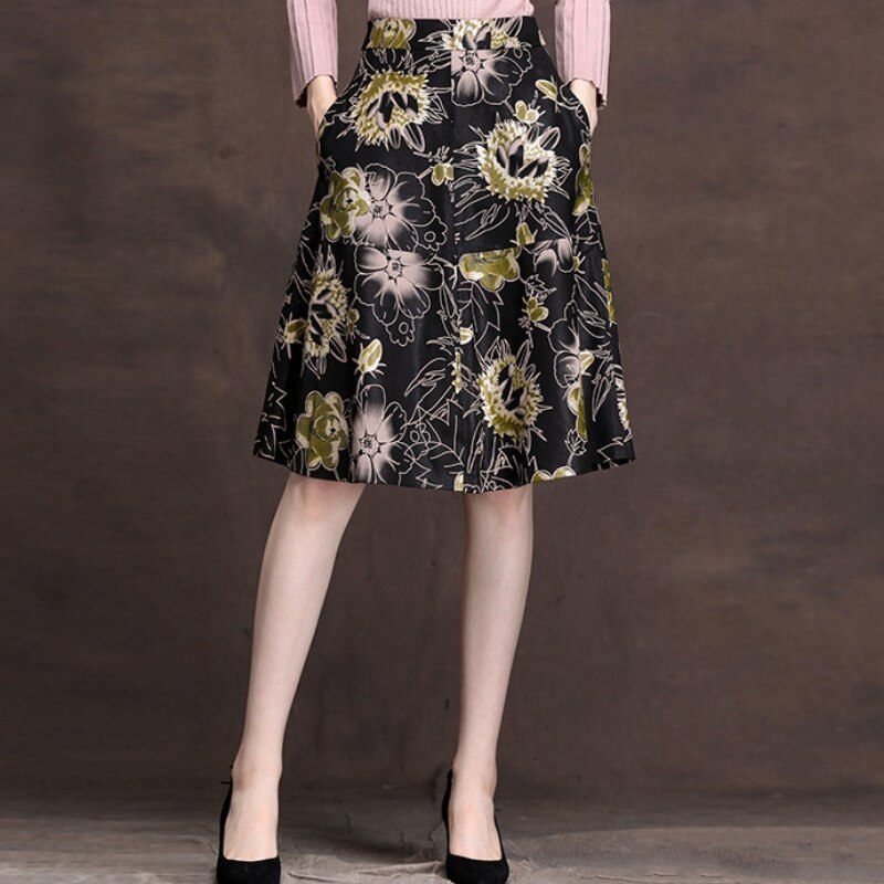 2020 Spring New Women Real Leather Flower Printing A-Line Skirts Mid Long Office Lady Genuine Leather Slim Pleated Skirts Female