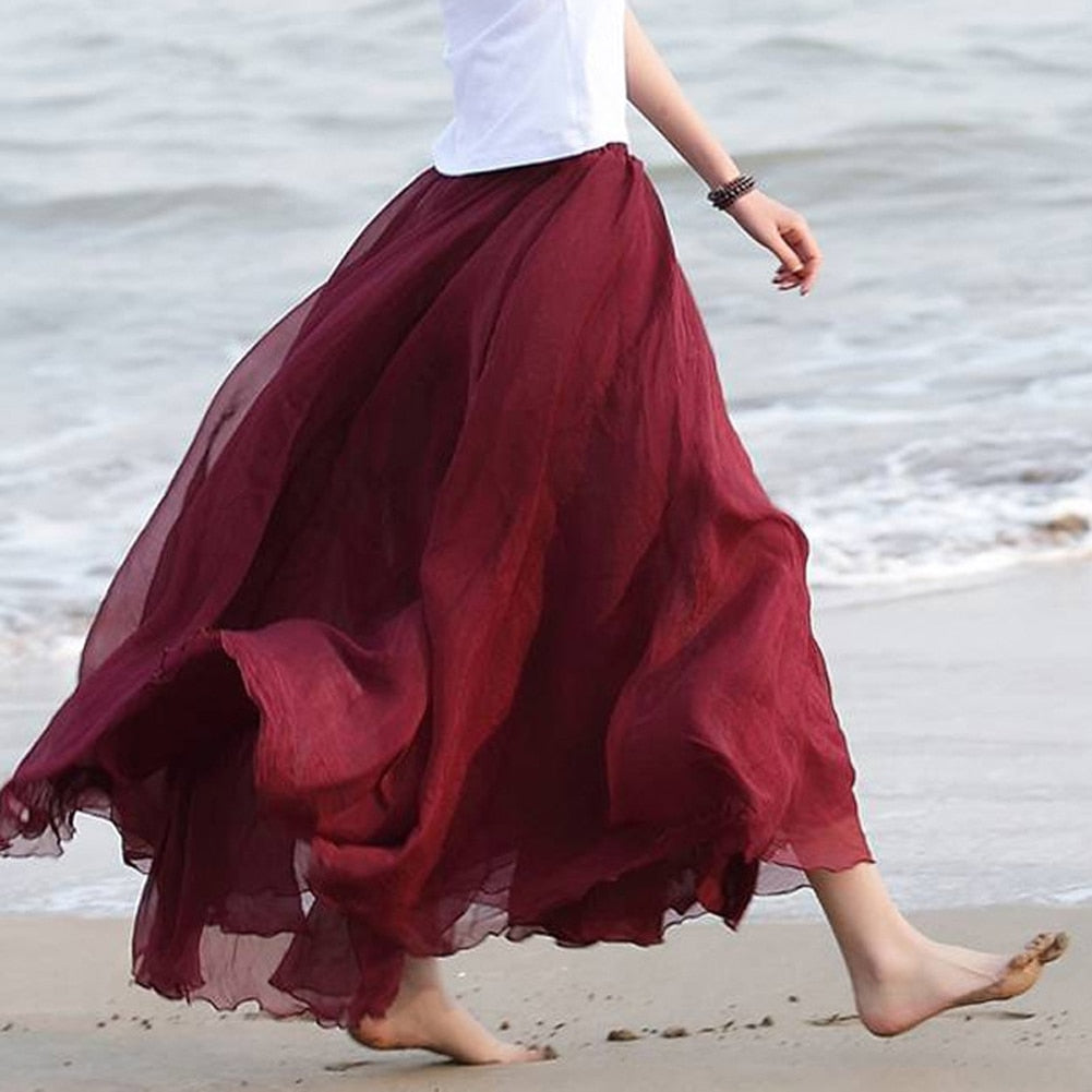 2019 Women Boho Chiffon Long Maxi Skirt Beach Casual Loose Sundress Lady High Wait Pleated A-line Solid Skirt Mulheres