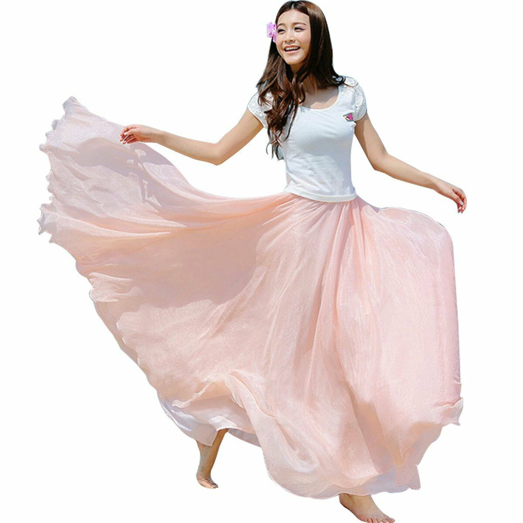 2019 Women Boho Chiffon Long Maxi Skirt Beach Casual Loose Sundress Lady High Wait Pleated A-line Solid Skirt Mulheres