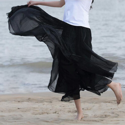 2019 Women Boho Chiffon Long Maxi Skirt Beach Casual Loose Sundress Lady High Wait Pleated A-line Solid Skirt Mulheres