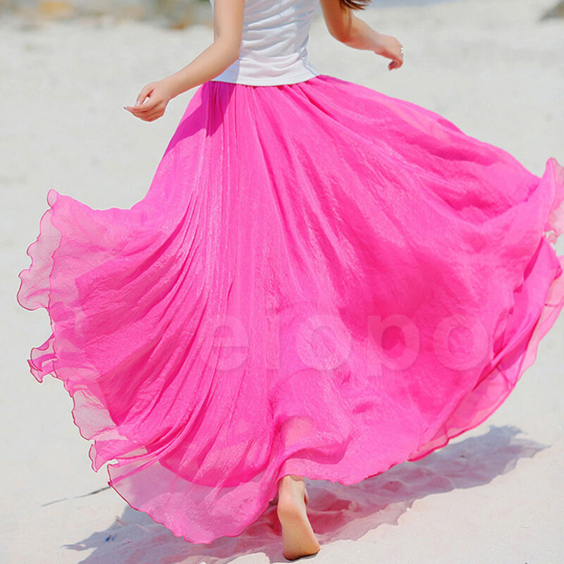 2019 Women Boho Chiffon Long Maxi Skirt Beach Casual Loose Sundress Lady High Wait Pleated A-line Solid Skirt Mulheres