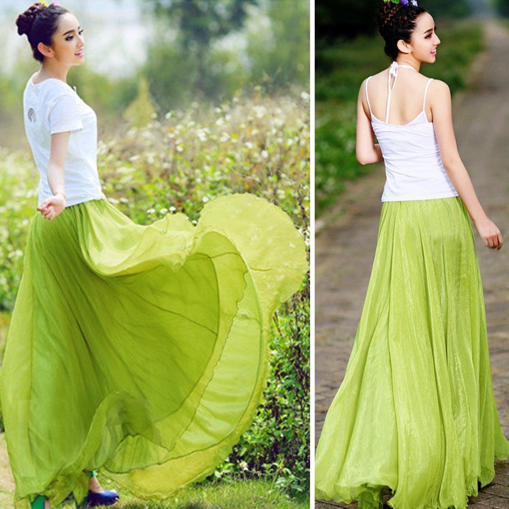 2019 Women Boho Chiffon Long Maxi Skirt Beach Casual Loose Sundress Lady High Wait Pleated A-line Solid Skirt Mulheres