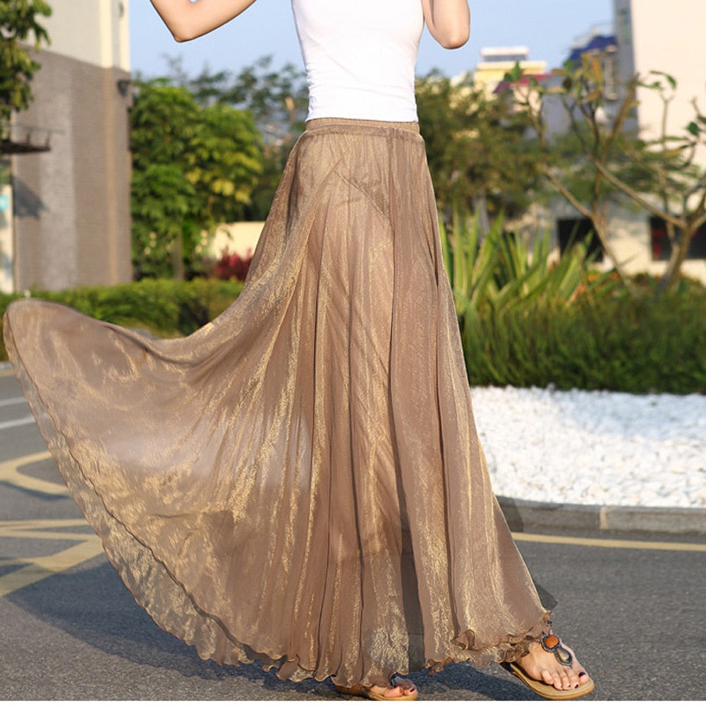 2019 Women Boho Chiffon Long Maxi Skirt Beach Casual Loose Sundress Lady High Wait Pleated A-line Solid Skirt Mulheres