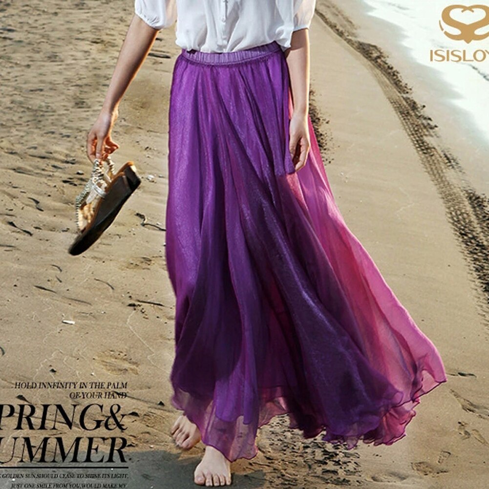 2019 Women Boho Chiffon Long Maxi Skirt Beach Casual Loose Sundress Lady High Wait Pleated A-line Solid Skirt Mulheres