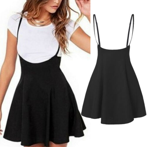 2019 Women's High Waist Strap Mini Skirt Pleated Skater Overall Flare Suspender Skirt