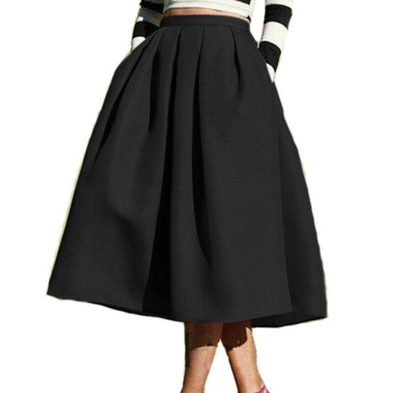 New Female Fashion Street Style Women 'S Skirt Solid Casual Flare High Waist Pleated Pockets Vintage Skirts