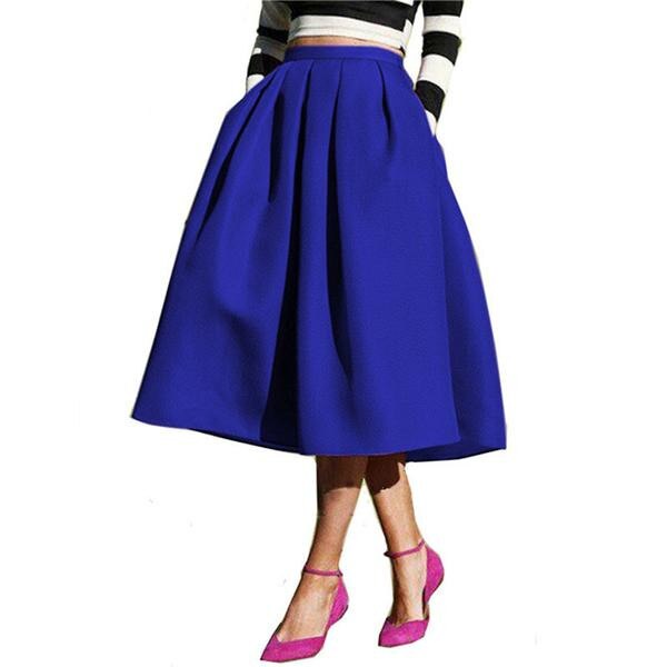 New Female Fashion Street Style Women 'S Skirt Solid Casual Flare High Waist Pleated Pockets Vintage Skirts