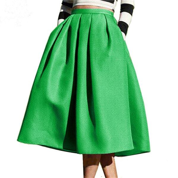 New Female Fashion Street Style Women 'S Skirt Solid Casual Flare High Waist Pleated Pockets Vintage Skirts