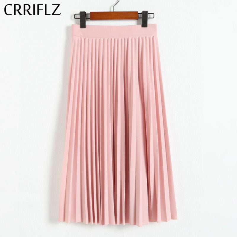 CRRIFLZ Spring Autumn Fashion Women's High Waist Pleated Solid Color Half Length Elastic Skirt Promotions Lady Black Pink