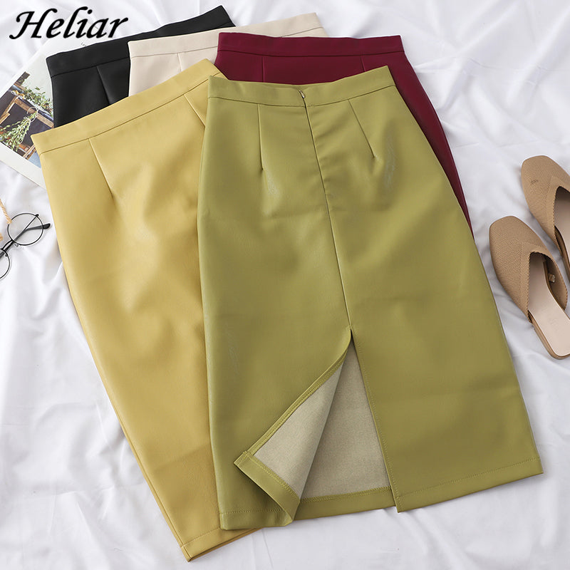 HELIAR PU Leather Solid Silt Skirts Women High Waist Straight Midi Skirts Highstreet Skirts 2019 Fall Midi Skirts Women