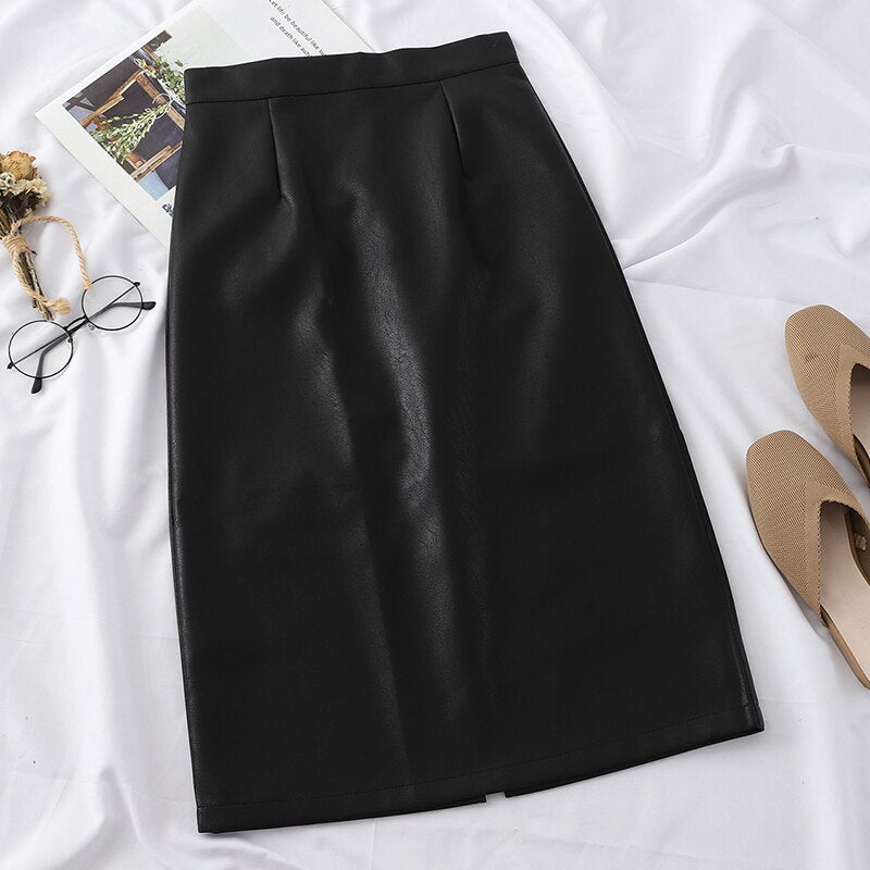 HELIAR PU Leather Solid Silt Skirts Women High Waist Straight Midi Skirts Highstreet Skirts 2019 Fall Midi Skirts Women