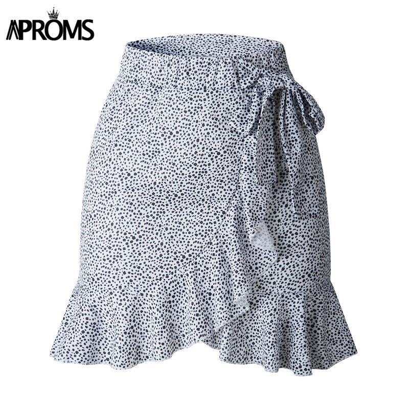 Aproms Multi Dot Print Short Mini Skirts Women Summer Ruffle High Waist Bow Tie Skirt Ladies Streetwear Slim Bottoms Saias 2020