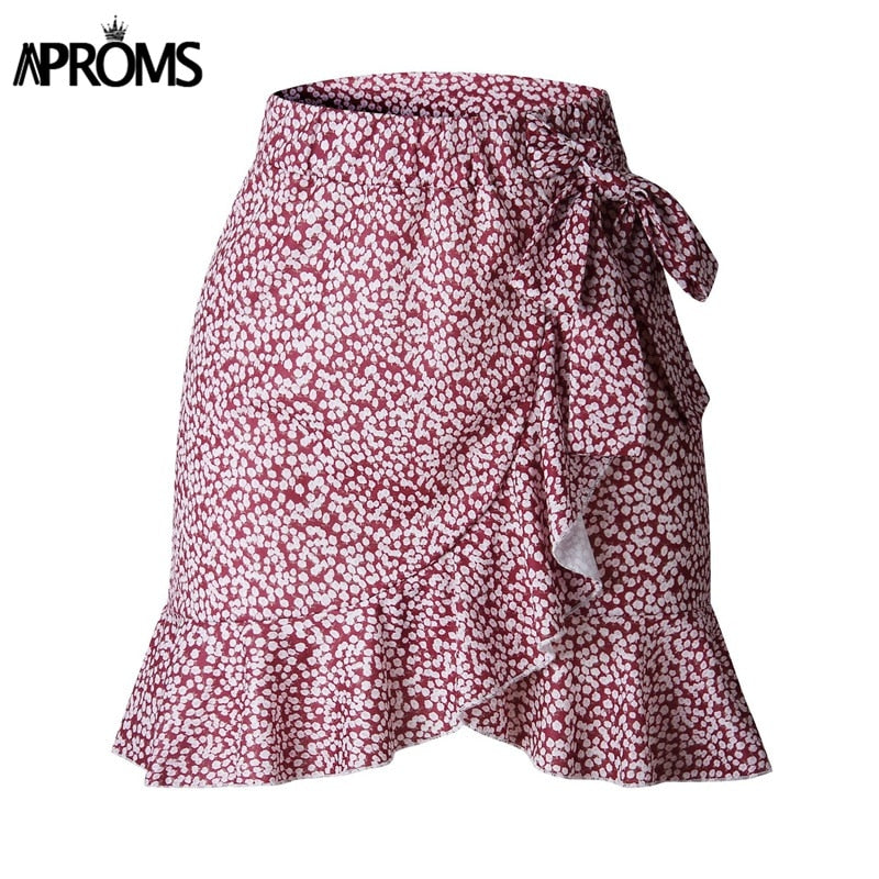 Aproms Multi Dot Print Short Mini Skirts Women Summer Ruffle High Waist Bow Tie Skirt Ladies Streetwear Slim Bottoms Saias 2020