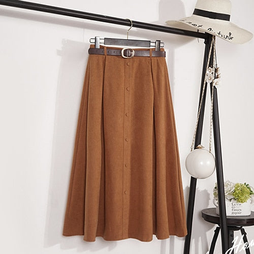 Autumn Winter Suede Velvet Women Skirt Female Midi Long Elegant Skirt Empire A-line Pleated Skirt