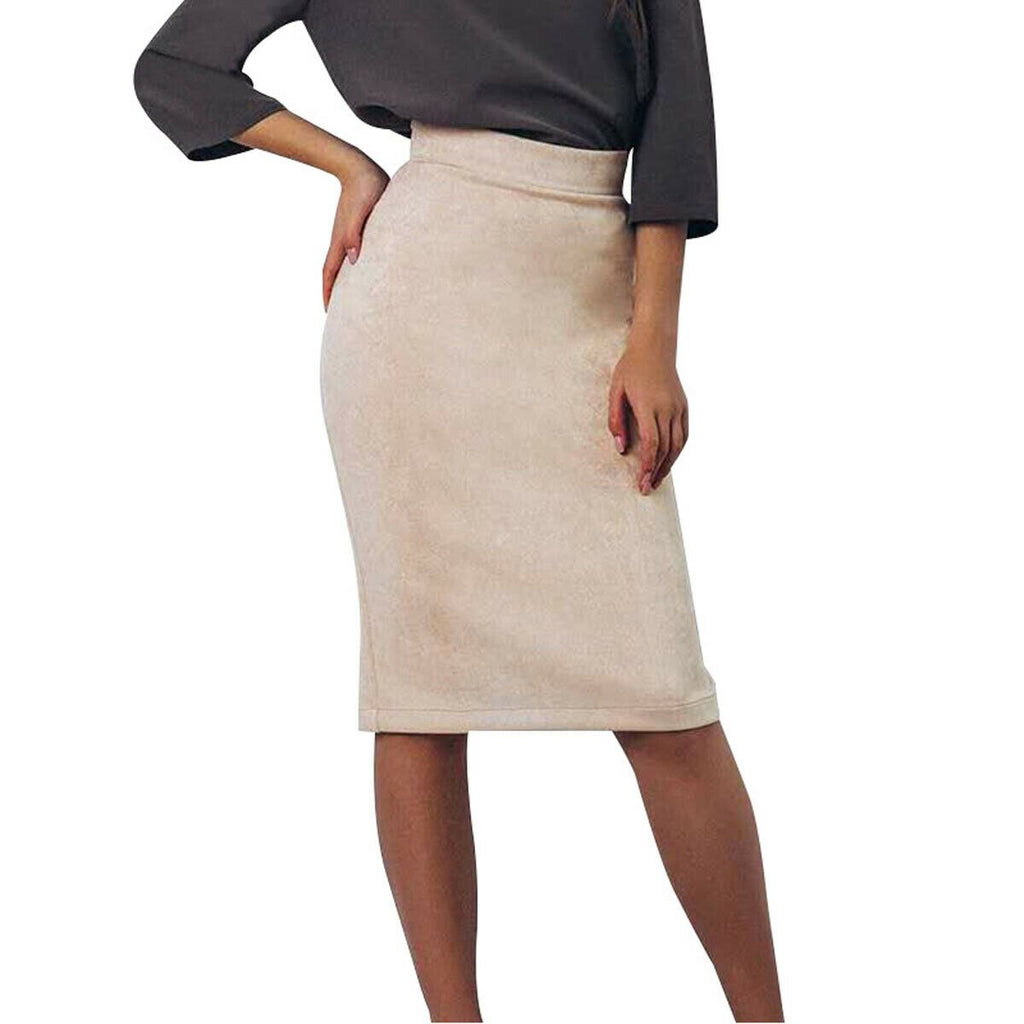 New Fashion Sexy Women High Waist Skirts Solid Beige Split Suede Skinny Bodycon Pencil Stretch Midi Skirt Formal Office Lady