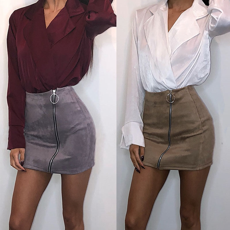 High Waist Short Mini Skirts New Fashion Women Ladies High Waist Zipper Pencil Skirt Bodycon Suede Leather Mini Skirt