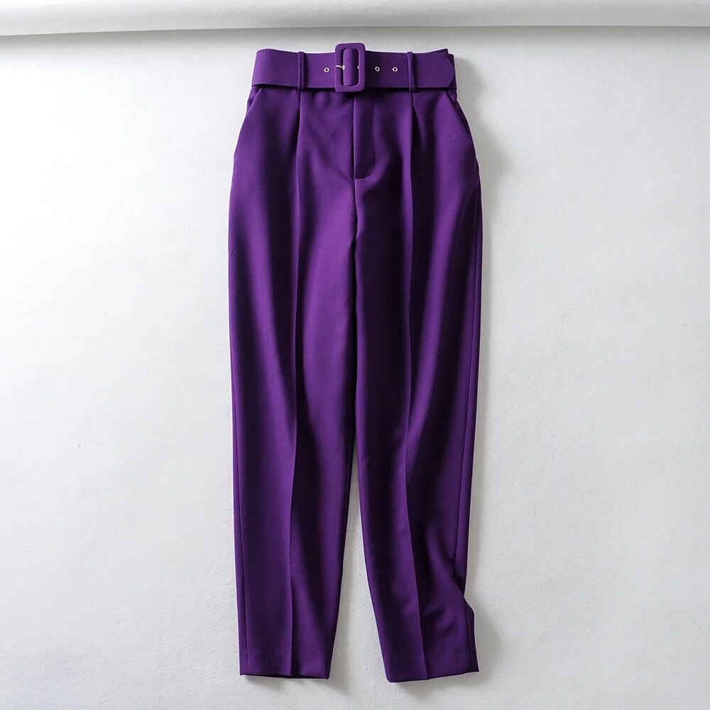 New color Wine red Womens suit Pants Trousers high waist causal belt Pants Trousers zoravicky Womens office lady purple Capris