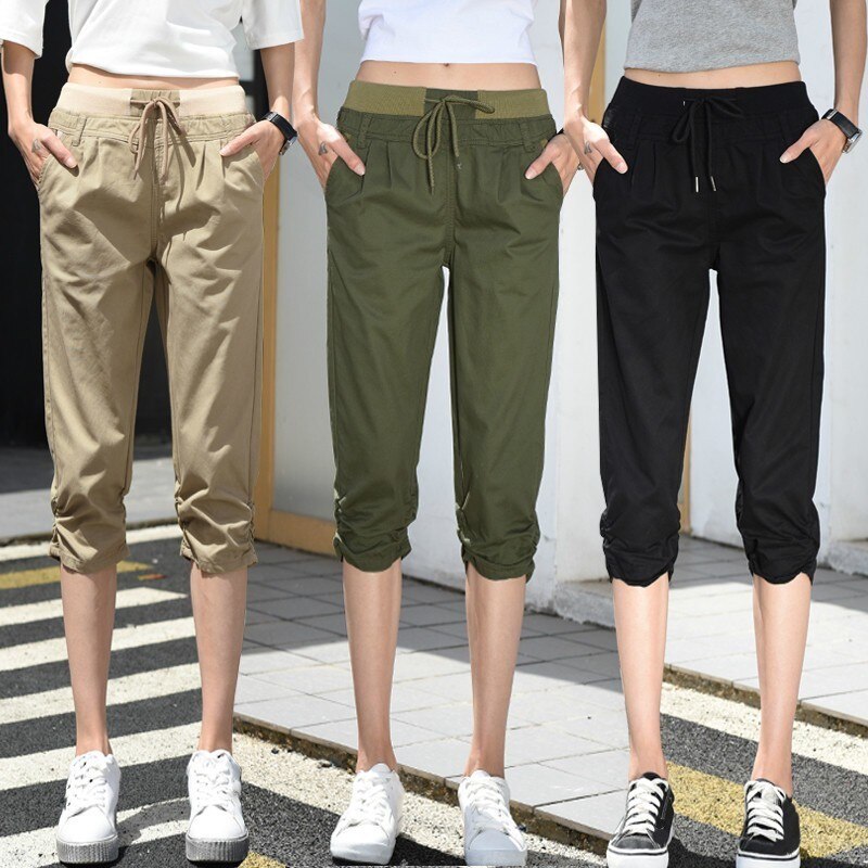 Elastic Waist Women Capris Pants Summer 2020 Plus Size Casual For Women Solid Color Capris Calf-Length Pants