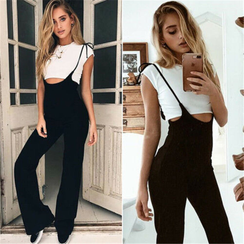 Sleeveless Strapped Dungaree Jumpsuits Women Solid Black Overalls Casual Loose Pockets Long Harem Pants Baggy Bib Trousers Lady