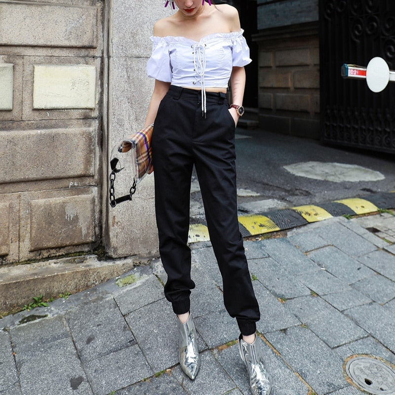 High Waist Camo Black Pants Joggers Women Capris Chain Cargo Pants Trousers Women Camouflage Korean Fashion