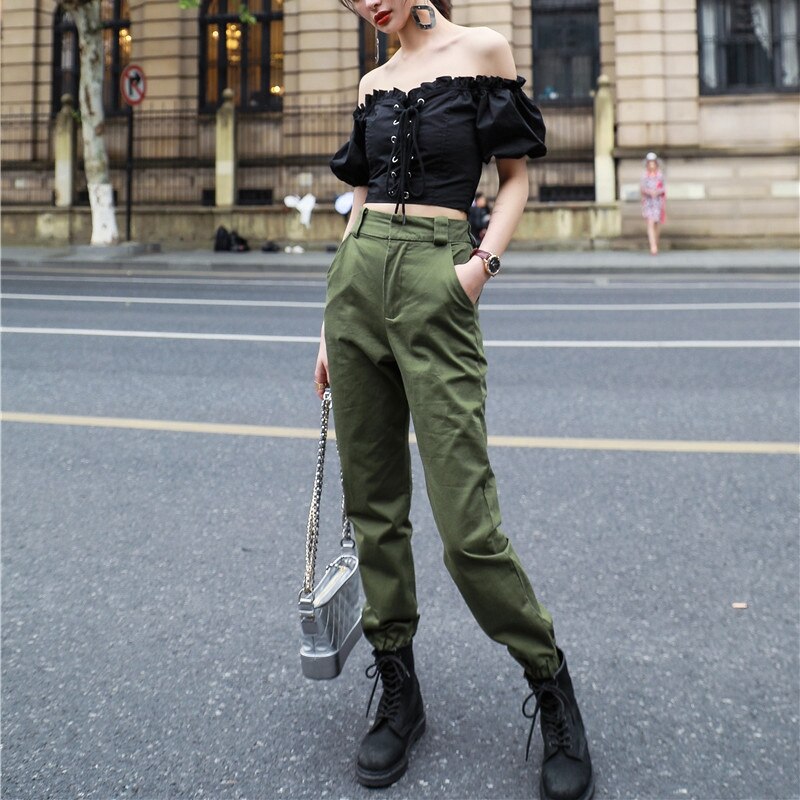 High Waist Camo Black Pants Joggers Women Capris Chain Cargo Pants Trousers Women Camouflage Korean Fashion