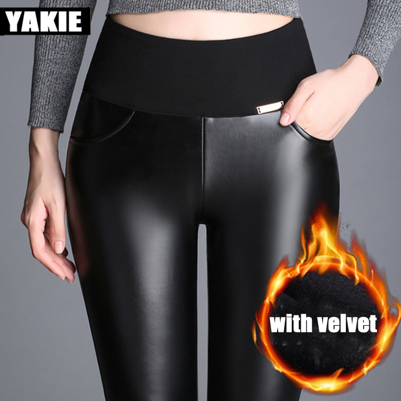 faux leather pants & capris women Plus size warm velvet high waist skinny slim pencil pants female trousers elastic PU leggings