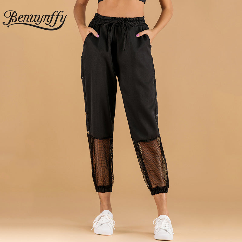 Benuynffy Black Side Button Cargo Pants Women Spring Summer Mesh Patchwork Ladies Casual Trousers Pocket Tie Waist Capris Pants