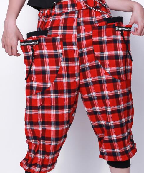 Women Girl dance wear patchwork ds costume Capris sweatpants spring summer Kids Adult female Thin Red plaid harem Hip hop pants