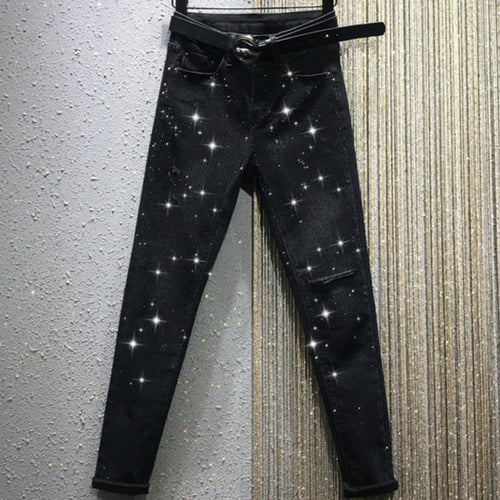 2019 autumn new heavy work hot drilling high waist hole casual stretch straight jeans women