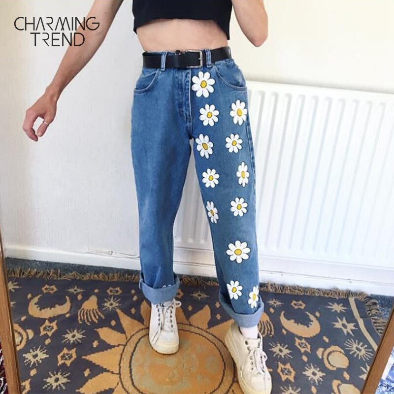 Fashion Chic Women Pants Graffiti Print Casual Girl Jeans Flower Straight Blue Vintage High Street Trousers for female jeans