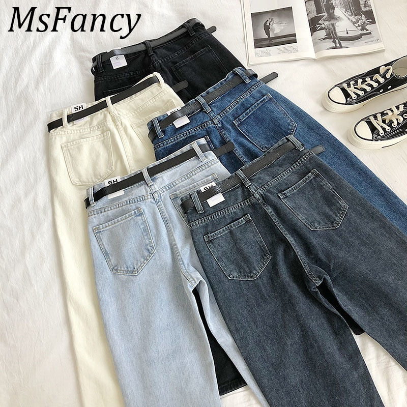 Women Fashion Pants High Waist Harem Jeans Ankle-Length Stretch Jeans With Belt Streetwear