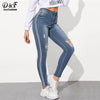 Dotfashion Blue Stripe Side Ripped Jeggings Skinny Jeans Women 2019 Summer Casual Pencil Pants Fashion Button Fly Denim Trousers