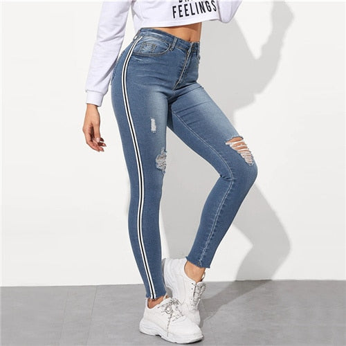 Dotfashion Blue Stripe Side Ripped Jeggings Skinny Jeans Women 2019 Summer Casual Pencil Pants Fashion Button Fly Denim Trousers