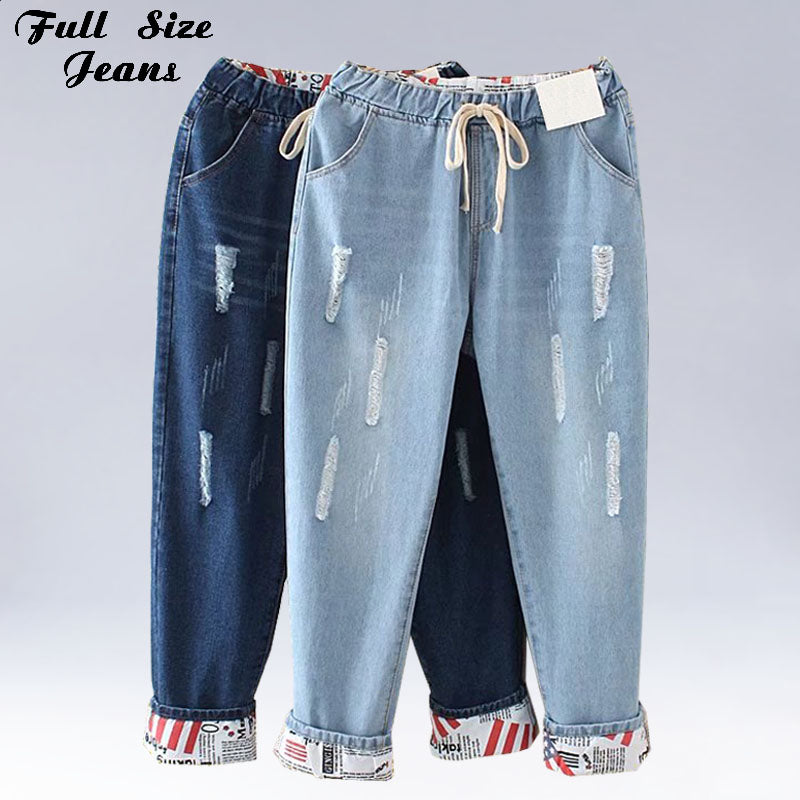 Plus Size Elastic Waist Hemming Boyfriend Loose Ripped Denim Harem Jeans 4Xl 5Xl Light Blue  Girl'S Casual Pants For Women