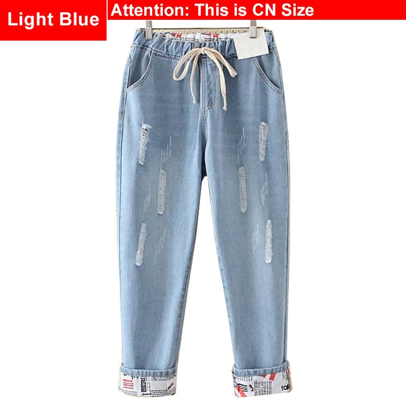 Plus Size Elastic Waist Hemming Boyfriend Loose Ripped Denim Harem Jeans 4Xl 5Xl Light Blue  Girl'S Casual Pants For Women