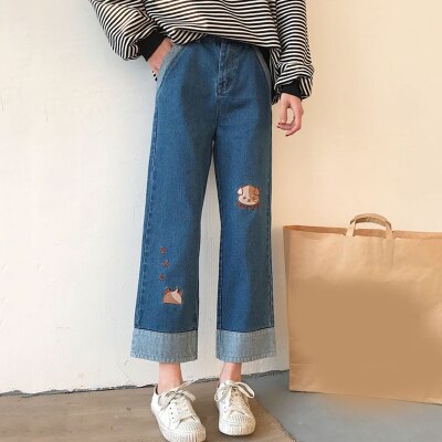 Harajuku Fashion Cotton Women Denim Jeans High Waist Curled Denim Pants Sweet Cute Puppy Embroidery Girls Denim Trousers