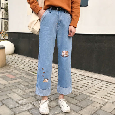 Harajuku Fashion Cotton Women Denim Jeans High Waist Curled Denim Pants Sweet Cute Puppy Embroidery Girls Denim Trousers