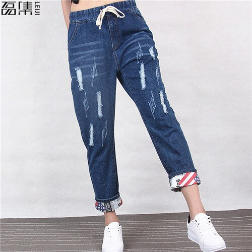 Ripped Jeans Women Boyfriend Cotton Drawstring Mom Jeans  Plus Size Loose  Denim  Harem  Pant 6xl