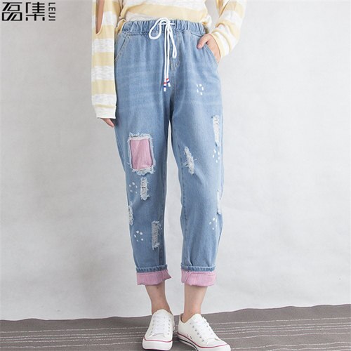 Ripped Jeans Women Boyfriend Cotton Drawstring Mom Jeans  Plus Size Loose  Denim  Harem  Pant 6xl