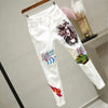 Women White Denim Pants Cartoon Graffiti Flowers Print Stretched Jeans Vintage Slim Body Capris Jeans