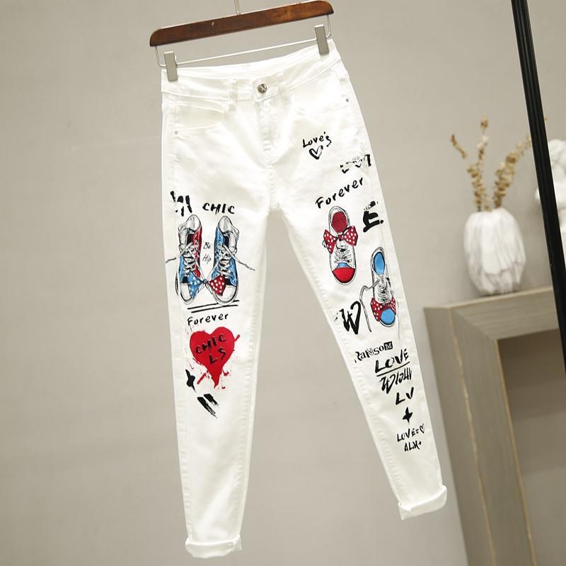 Women White Denim Pants Cartoon Graffiti Flowers Print Stretched Jeans Vintage Slim Body Capris Jeans