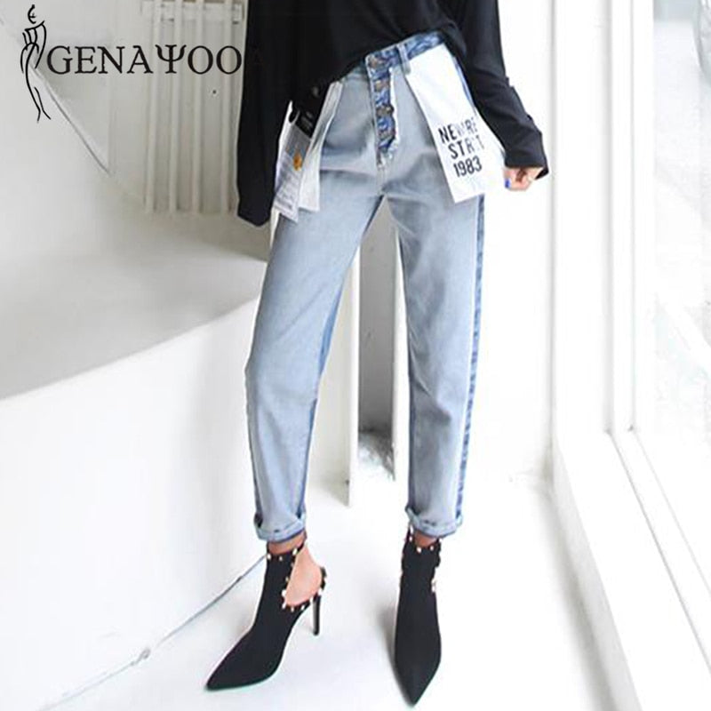 Genayooa High Waist Cotton Korean Blue Mom Jeans Women Pants Autumn Winter Letter Pocket Denim Boyfriend Jeans For Women Female