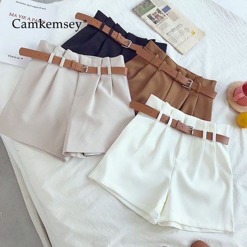 CamKemsey Korean Brief Design White Suit Shorts For Women 2019 Fashion Solid High Waist Wide Leg Shorts With Belt 5 Colors