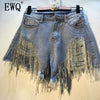 [EWQ] 2020 Spring Summer 2020 Wear Heavy Tassels Nail Diamond Beads High All-match Thin Waist Cowboy Shorts Women AE32305